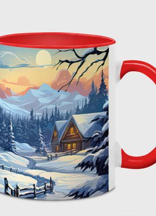 Чашка с принтом  «зимний  новогодний пейзаж» (цвет чашки на выбор)