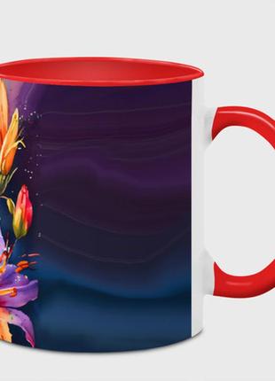 Чашка с принтом  «лилии яркая акварель» (цвет чашки на выбор)