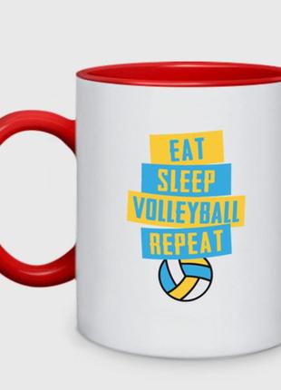 Чашка с принтом двухцветная «еда, сон, волейбол» (цвет чашки на выбор)
