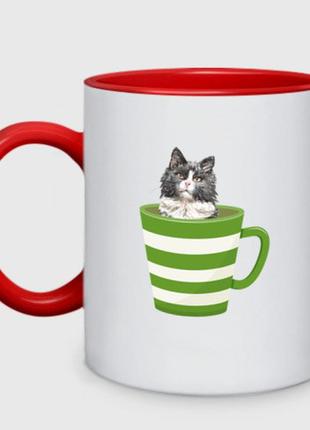 Чашка з принтом  двоколірний «кіт у зеленому новорічному гуртку» (колір чашки на вибір)