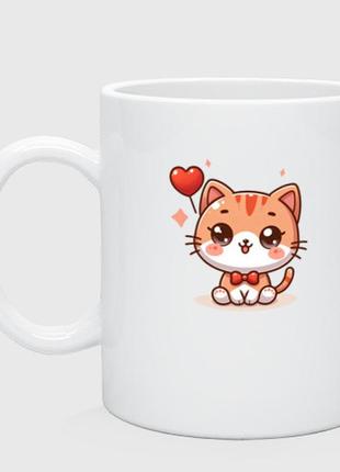 Кухоль з принтом керамічна «милий котик із серцем» (колір чашки на вибір)