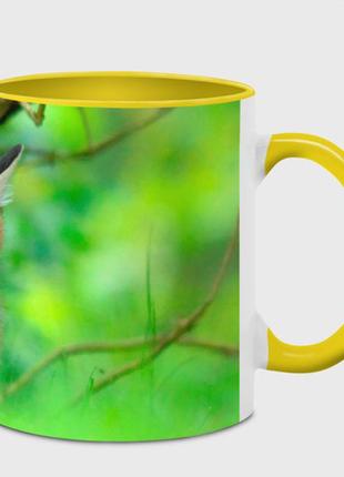 Чашка с принтом  «лисенок в зеленом лесу» (цвет чашки на выбор)