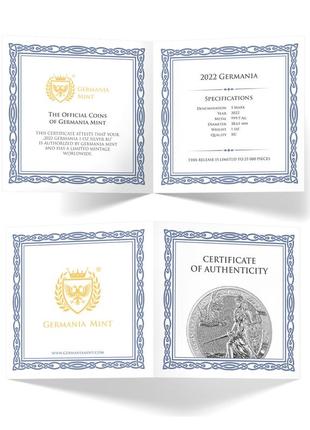 Серебряная монета 1oz леди germania  5 марок 2022 с сертификатом!8 фото