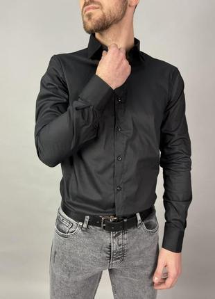 Мужская стильная классическая рубашка чёрная5 фото