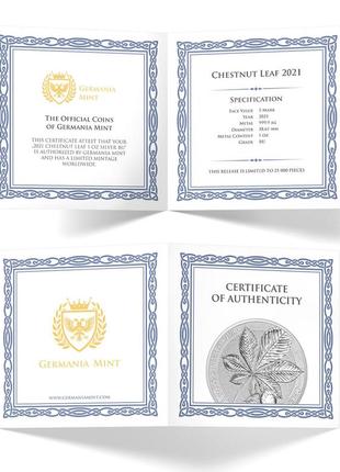 Серебряная монета "лист каштана", серия "мистический лес", 1 унция чистого серебра, 5 марок, germania, 20213 фото