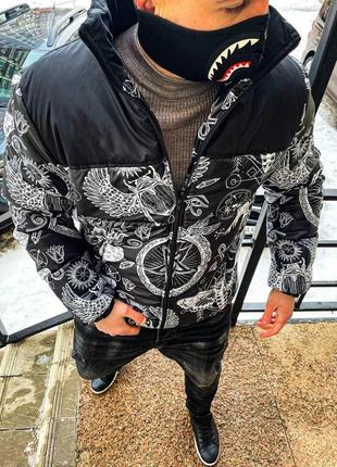 Чёрный пуховик tnf. мужская тёплая зимняя куртка с рисунками без капюшона tnf чёрная