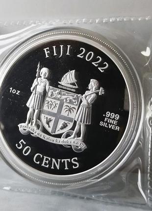 Серебряная монета "dogs" (собаки), 1 унция серебра пробы 999, качество prooflike, 50 центов, фиджи, 20224 фото