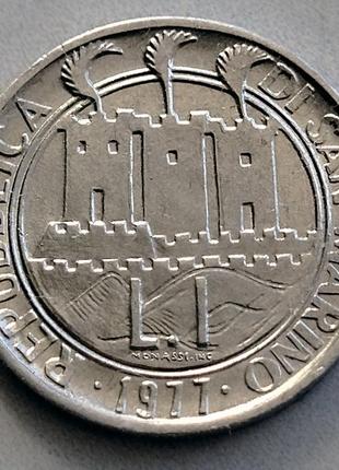 Оборотная монета зеленый покров земли, 1 лира, сан-марино, 1977