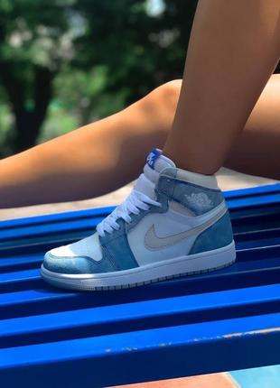 Модные качественные демисезонные кроссовки n!ke air jordan 1 high white blue голубые с белым