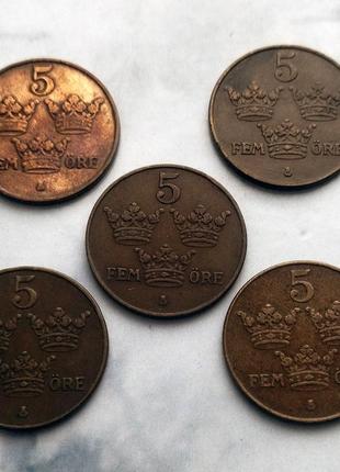 Набор оборотных монет монограмма короля швеции густава v, 5 эре, швеция, 1911-19422 фото