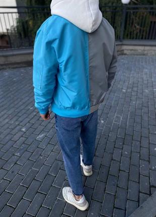 Мужской стильный двухцветный бомбер на осень/весну серый/голубой. мужская двухцветная куртка8 фото