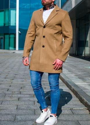 Мужское стильное тёплое демисезонное пальто на весну/осень бежевое2 фото