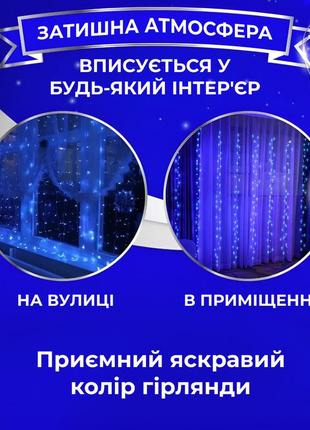 Гірлянда штора 3х2 м 144 led світлодіодна мідний провід 16 ниток синій