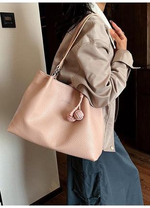 Модная женская сумка мешок розовая, большая стильная женская сумочка2 фото
