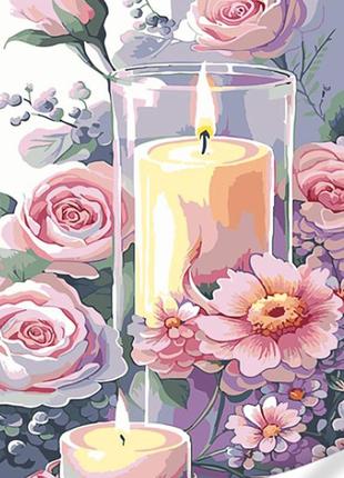 Картина за номерами strateg преміум букет ніжних квітів зі свічкою з лаком та з рівнем розміром 40х50 (gs1605)