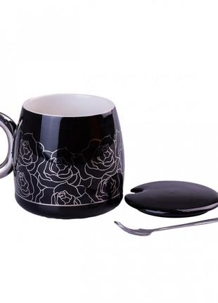 Чашка керамічна golden romance 400мл з кришкою і ложкою кухоль для чаю чорний3 фото