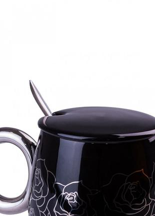 Чашка керамічна golden romance 400мл з кришкою і ложкою кухоль для чаю чорний4 фото