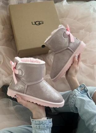 Ugg mini bailey bow pink/silver 🆕 шикарні жіночі уггі 🆕 купити накладений платіж