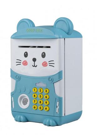 Сейф скарбничка електронна дитяча з купюроприймачем кодовим замком та відбитком пальця блакитний3 фото
