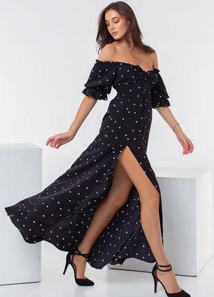 Женское летнее длинное платье со шнуровкой из ткани софт шелк в горошек размеры 42-641 фото