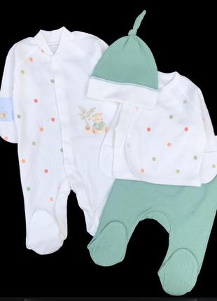 Комплект 4в1: чоловічок, сорочечка, повзунки та шапочка "принт", інтерлок тм "happy тот" (56 см) (набори одягу