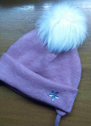 Шапка зима на завязках с помпоном
