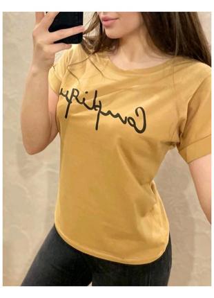 Женская футболка принт рукав с пиздкатом хлопок горчичный 44-481 фото
