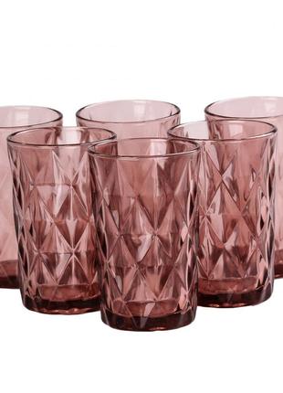 Стакан для напитков высокий граненый из толстого стекла набор 6 шт розовый3 фото