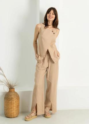 Широкие льняные летние брюки с разрезами 42-52 размеры разные цвета