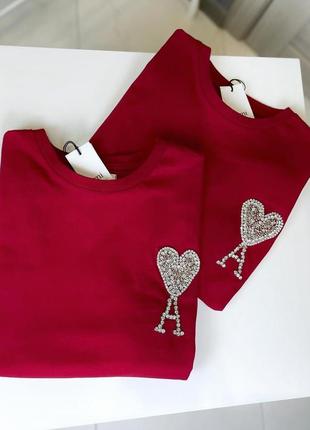 Трикотажная футболка ami украшена бисером и стразами, футболка с сердечком, буква а, амми, ami4 фото