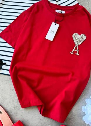Трикотажная футболка ami украшена бисером и стразами, футболка с сердечком, буква а, амми, ami6 фото