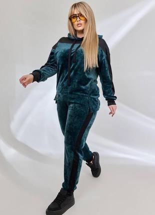 Жіночий спорт костюм із чорними вставками велюр  кофта з капюшоном+штани зручна посадка кишені4 фото