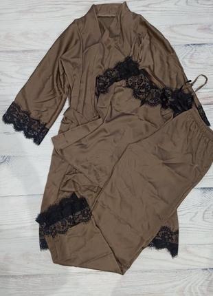 Шелковый женский комплект халат, майка, штаны, шорты с кружевом