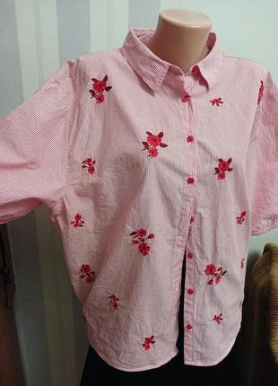 Хлопковая рубашка вышиванка вышивка цветы красная блузка большой размер