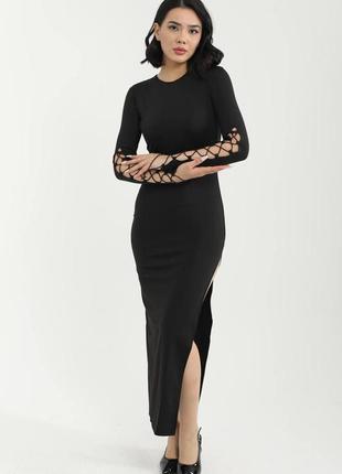 Сексуальное платье миди с разрезами и завязками на рукавах черного цвета7 фото