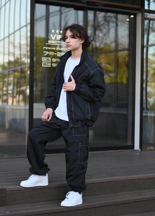 Трендовий підлітковий костюм карго чорний для хлопчика підлітка штани з курткою оверсайз