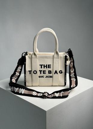 Женская сумка тоут в стиле marc jacobs small tote bag cream black джейкобс шоппер бежевый текстиль ( 02206 )5 фото