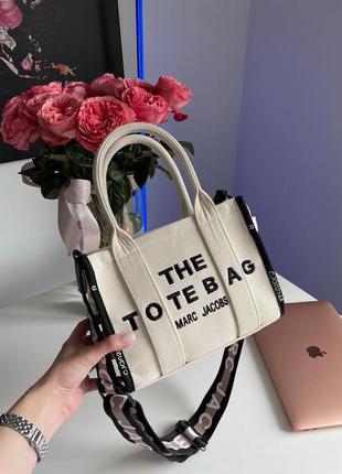 Жіноча сумка тоут в стилі marc jacobs small tote bag cream black марк джейкобс шопер бежевий текстиль ( 02206 )8 фото