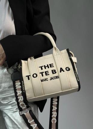 Жіноча сумка тоут в стилі marc jacobs small tote bag cream black марк джейкобс шопер бежевий текстиль ( 02206 )7 фото