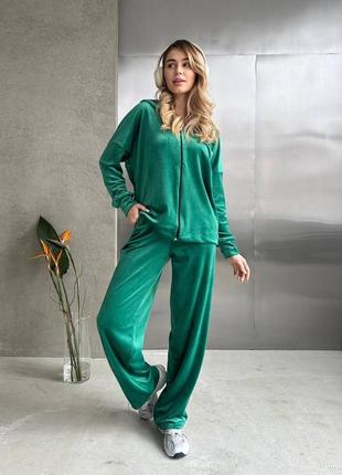 Костюм велюровий широкі штани та кофта на блискавці зеленого кольору4 фото