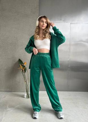Костюм велюровий широкі штани та кофта на блискавці зеленого кольору1 фото