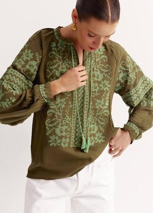 Вышиванка хаки, вышитая рубашка, блузка, блуза1 фото