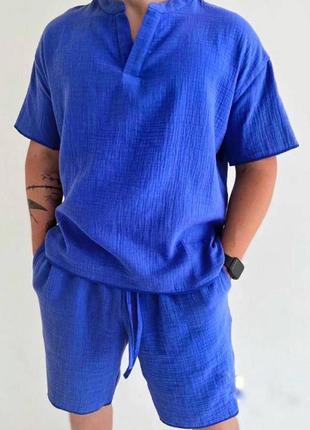 Мужской летний костюм/мужской муслиновый костюм с шортами