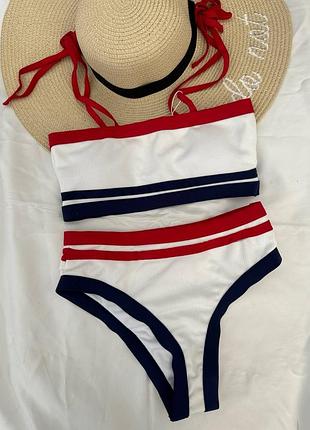 Купальник рубчик роздільний топ на тонких бретелях у смужку чорно-червоний білий