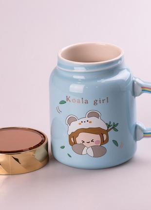 Кухоль керамічний creative show ceramics cup cute girl 420ml кухоль для чаю з кришкою блакитний3 фото