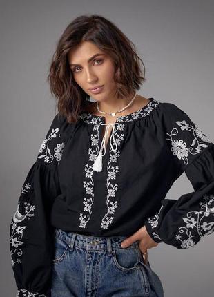 Черная вышиванка 💕 женская вышитая рубашка 💕 вишита блуза 💕 женская вышиванка ❤️ черная рубашка в этно стиле1 фото
