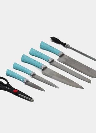 Набор ножей rainberg rb-8806 на 8 предметов с ножницами и подставкой из нержавеющей стали. цвет: голубой3 фото