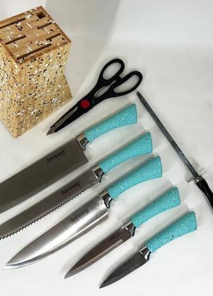 Набор ножей rainberg rb-8806 на 8 предметов с ножницами и подставкой из нержавеющей стали. цвет: голубой5 фото