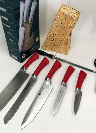Набір ножів rainberg rb-8806 на 8 предметів з ножицями та підставкою з нержавіючої сталі. колір: червоний1 фото