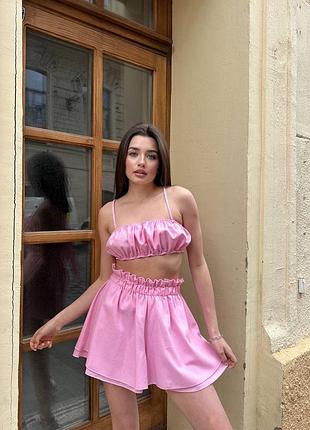 Трендовий льняний костюм топ на бретелях з завʼязкою на спині + шорти вільного крою 🔥